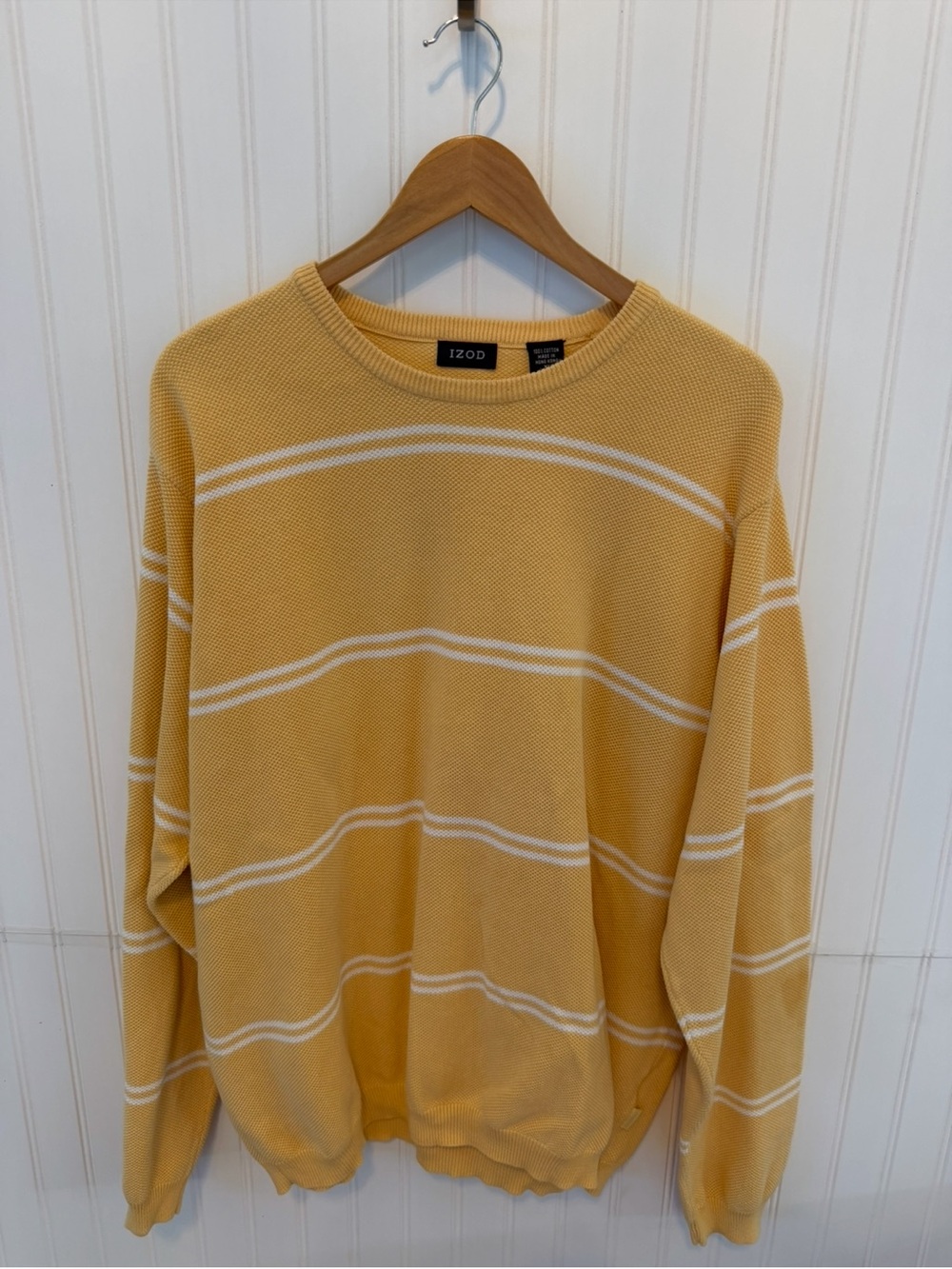 Izod Men's yellow Crewneck Sweater with White Stripes